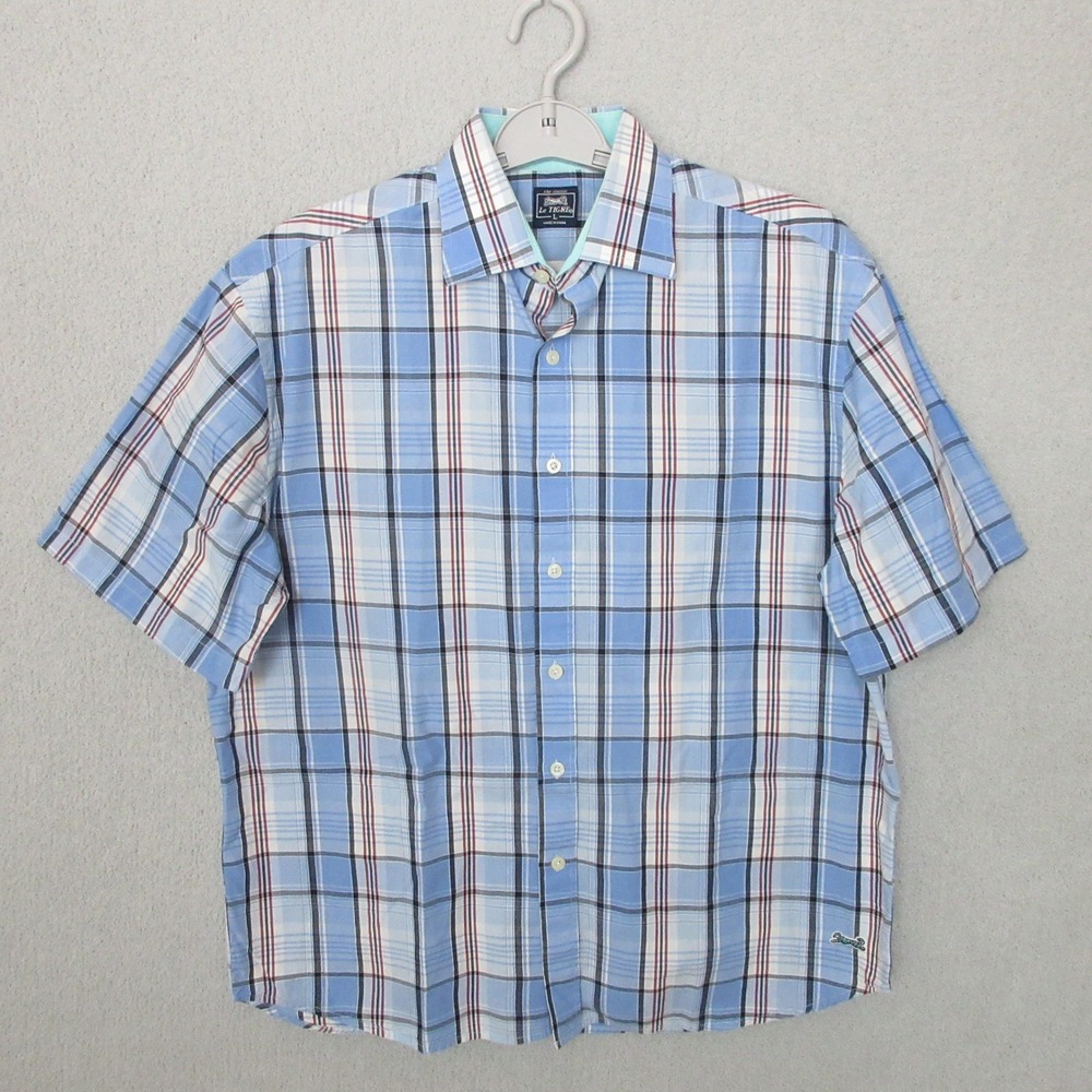 Le Tigre The Classic Mens Blue‎ Plaid Short Sleeve Button Up Shirt